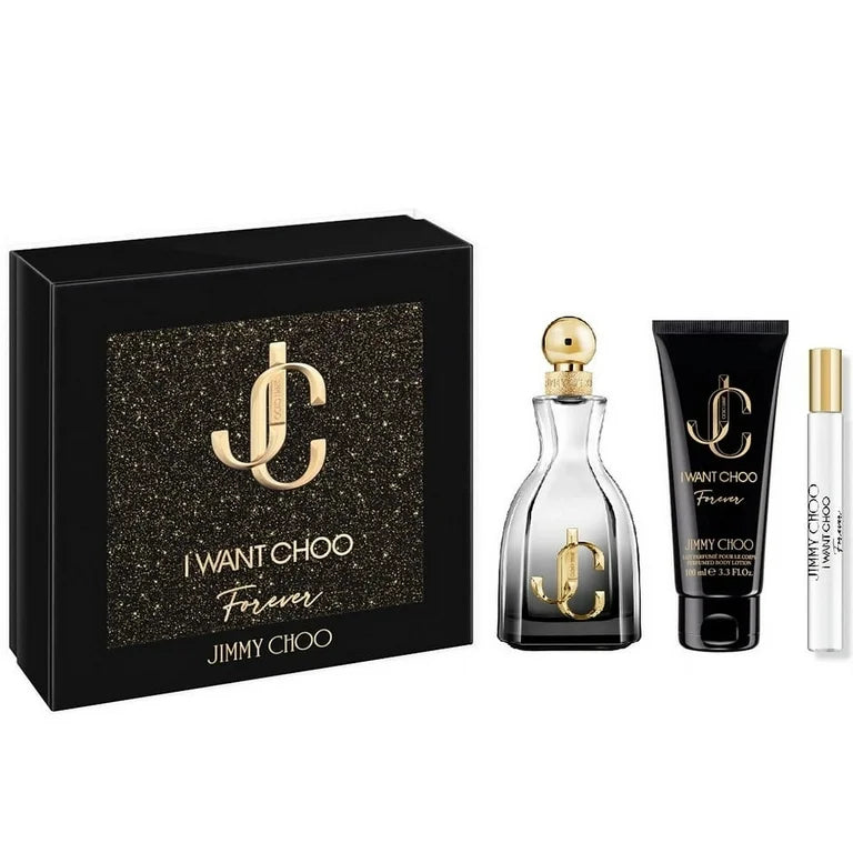 Jimmy Choo I Want Choo Forever Set includes a 3.4oz (100ml) Eau de Parfum, a 3.4oz (100ml) Body Lotion, and a 7.5ml Mini Eau de Parfum Spray