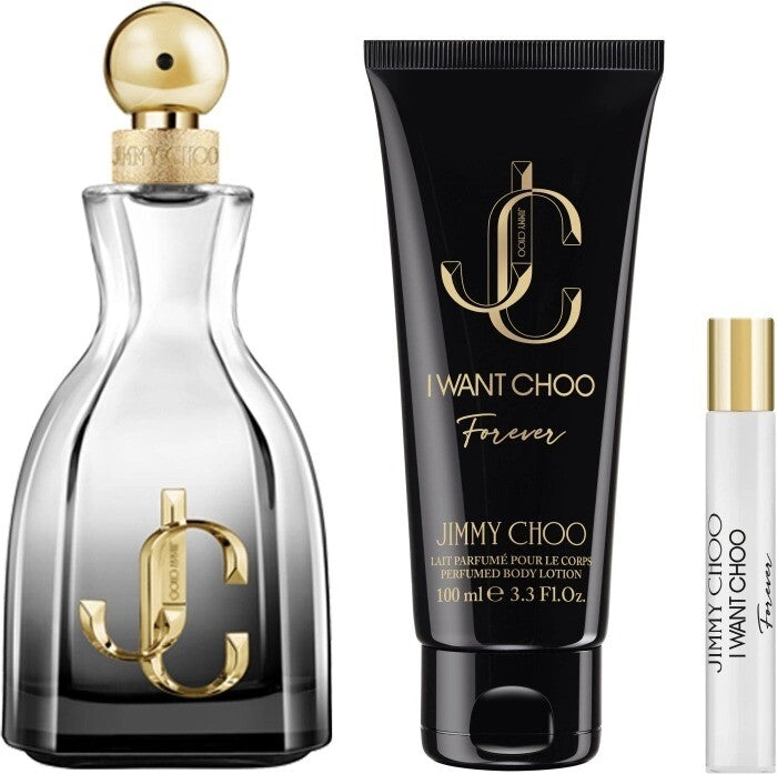 Jimmy Choo I Want Choo Forever Set includes a 3.4oz (100ml) Eau de Parfum, a 3.4oz (100ml) Body Lotion, and a 7.5ml Mini Eau de Parfum Spray